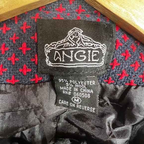 Angie Woven Embroidered Wool Blend Double Breasted Belted Pea Coat Navy/Red Sz M - Picture 2 of 13